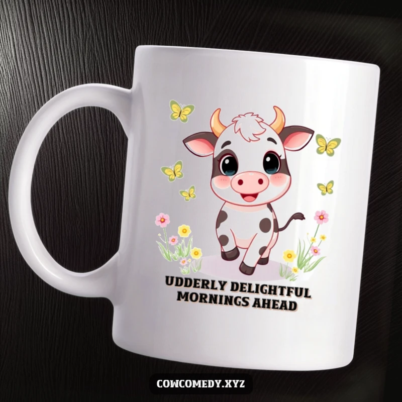 Funny mug showcasing a gleeful cow character joyfully chasing colorful butterflies through a sunny meadow, embodying pure, unadulterated happiness.