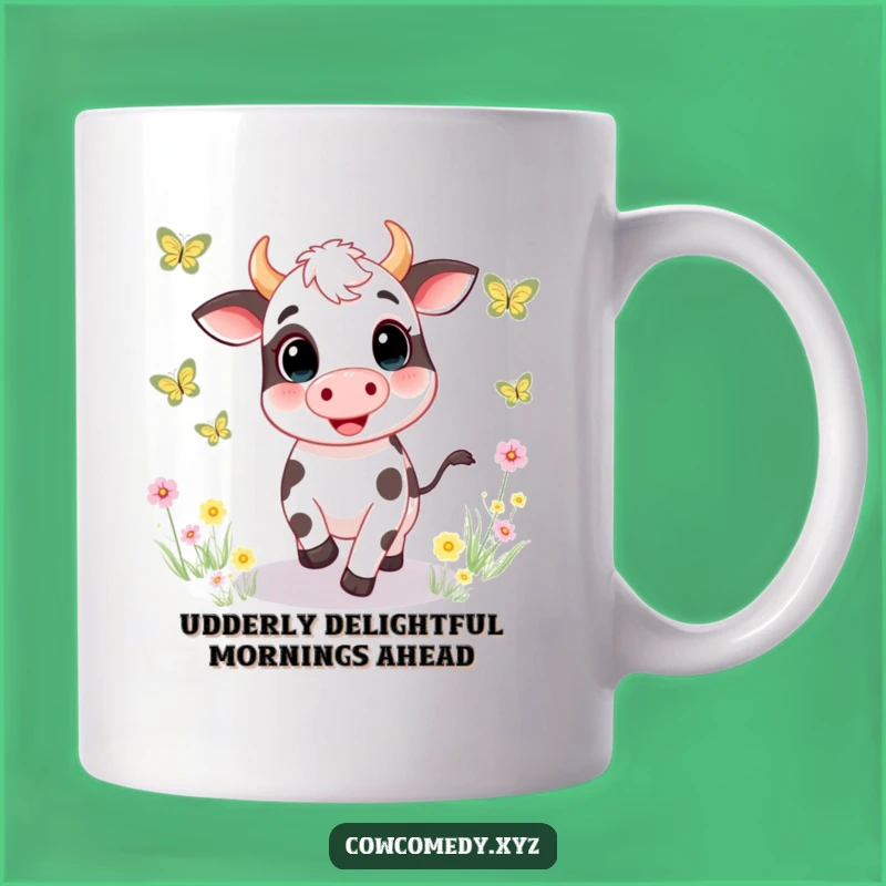 Funny Cow Chasing Butterflies Mug. A Whimsical Meadow Scene. Perfect Gift Idea!