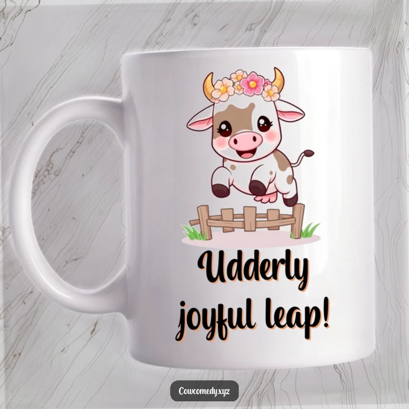 Funny kawaii cow wearing a flower crown, mid-leap over a fence, embodying happy, energetic humor.