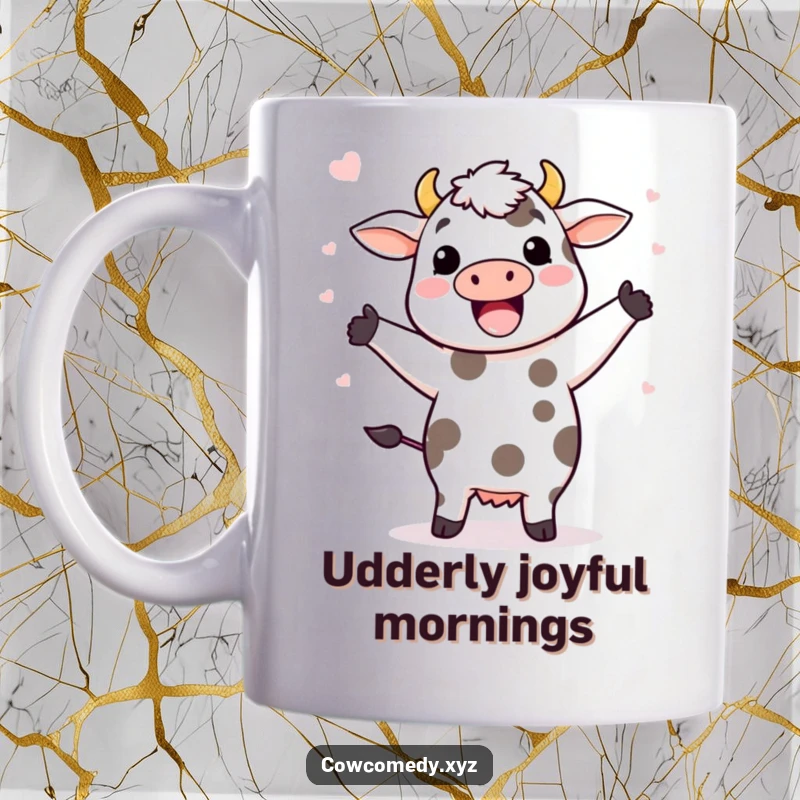 Funny mug showing a cute Kawaii cow doing a happy dance, with its spots flying in joyful, energetic motion.