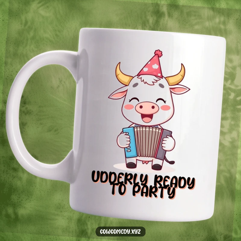 Funny mug showing a cheerful cow in a party hat, joyfully playing a tiny accordion with musical notes floating around.