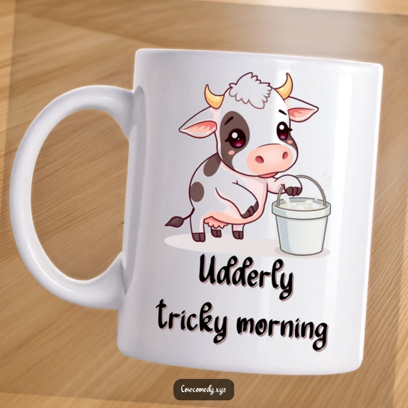 Funny mug featuring a cartoon cow comically failing to balance a full milk bucket, spilling some, with a look of mild panic.