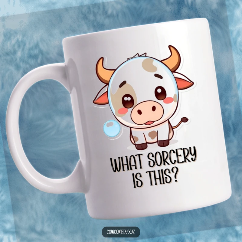 Funny Kawaii Cow Mug showing a surprised cartoon cow with wide eyes reacting to a floating bubble, great for cow enthusiasts.