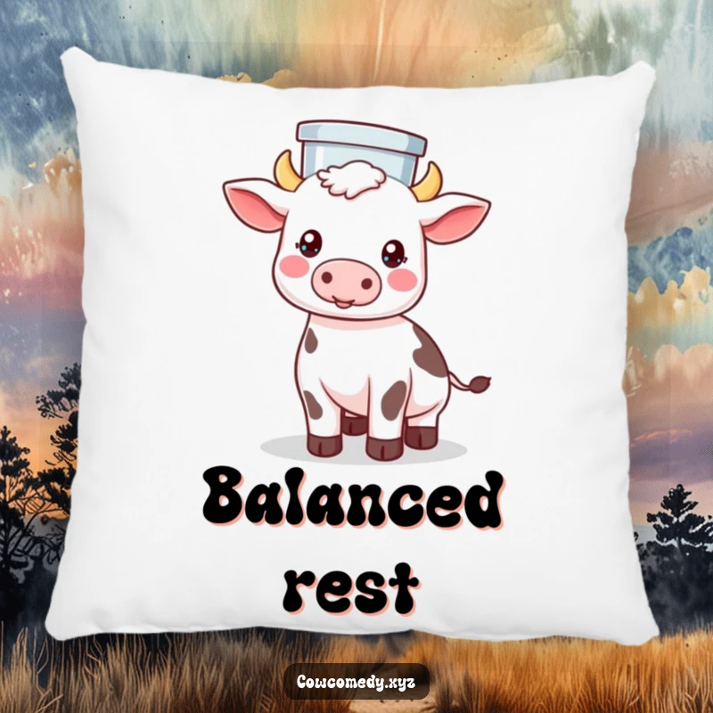 Funny pillow designed with a Kawaii cow displaying remarkable balance, holding a milk pail perfectly on its head.
