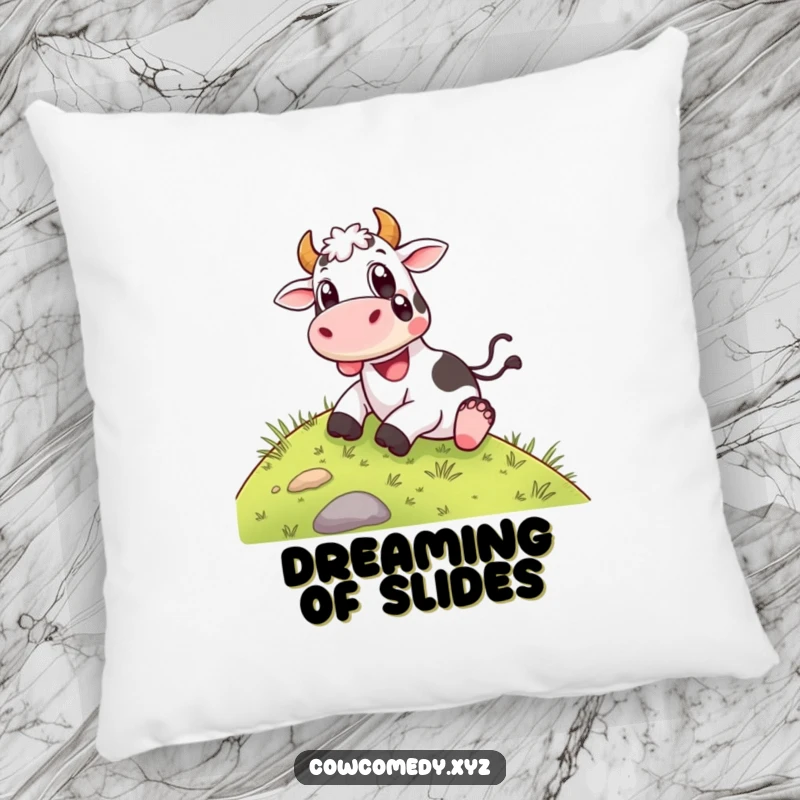 Funny Pillow: A happy cow sliding down a grassy hill with wide, delighted eyes, providing soft comfort with a joyful design.