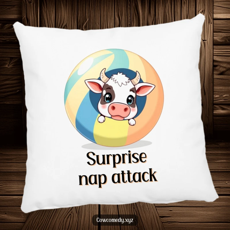 Funny Pillow: A surprised cow peeking out from behind a giant striped beach ball, providing soft comfort with a humorous beach theme.