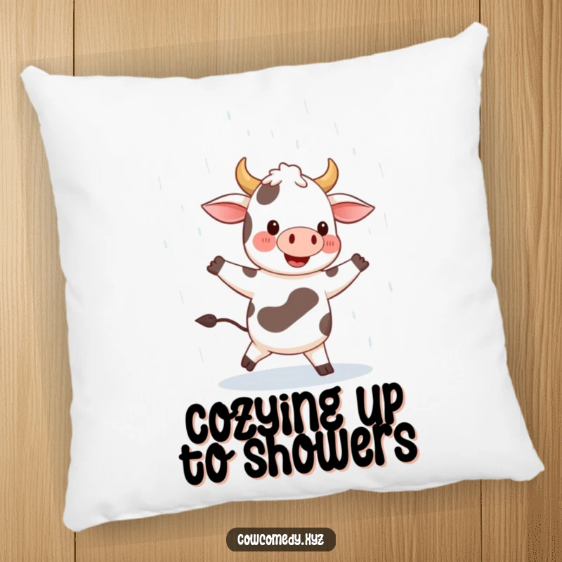 Funny pillow showcasing a happy cow character dancing in the rain with a wide smile, offering soft comfort infused with pure, infectious joy.
