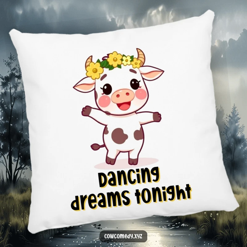 Funny decorative pillow with a cow wearing a flower crown, dancing joyfully, bringing a cozy and cheerful vibe.
