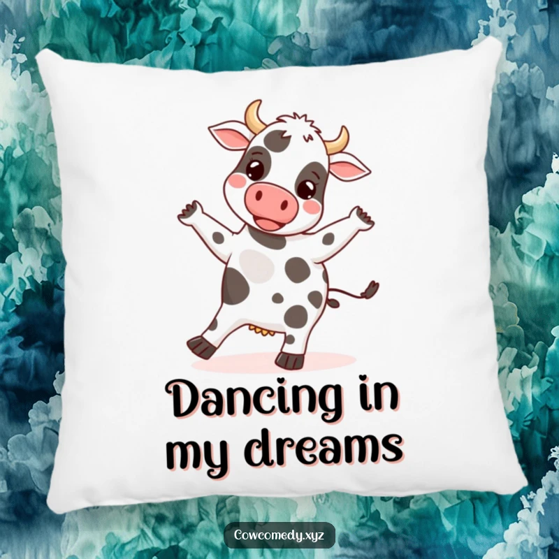 Funny pillow featuring a happy cow doing a silly dance, its spots bouncing rhythmically, perfect for cozy, fun decor.