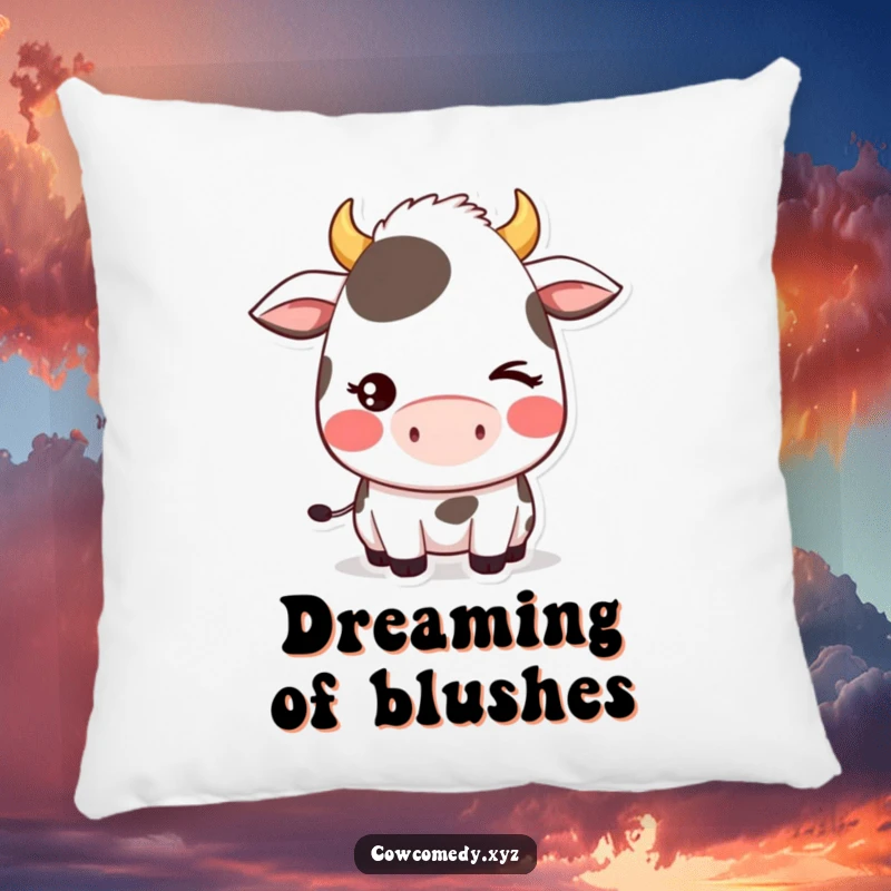 Funny pillow showcasing a blushing kawaii cow character with a shy wink, perfect for adding cute and comforting charm.