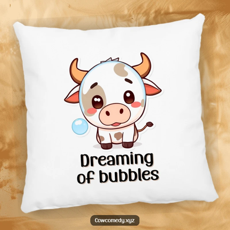 Funny Kawaii Cow Pillow with a cute cartoon cow looking surprised by a floating bubble, offering soft, humorous decor.