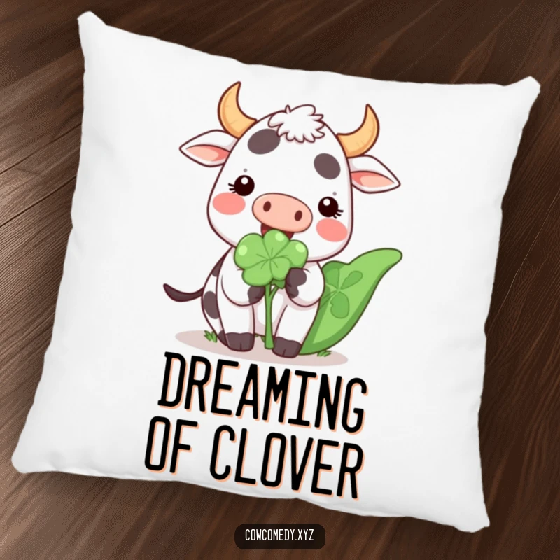 Funny Kawaii Cow Pillow with a cute cartoon cow happily eating a giant clover, offering soft, lucky comfort.
