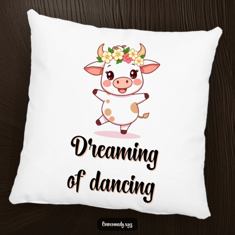 Funny Kawaii Cow Pillow: Soft throw pillow with a cow in a flower crown spinning, adding festive humor.