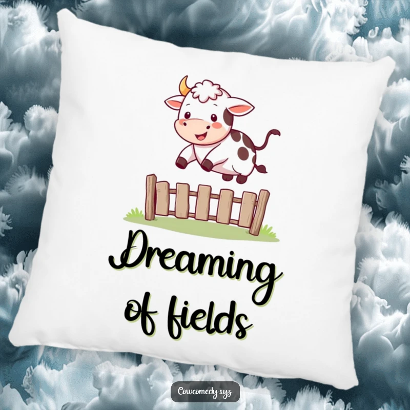Funny pillow featuring a happy cow in mid-jump, clearing a small fence with a joyful expression.