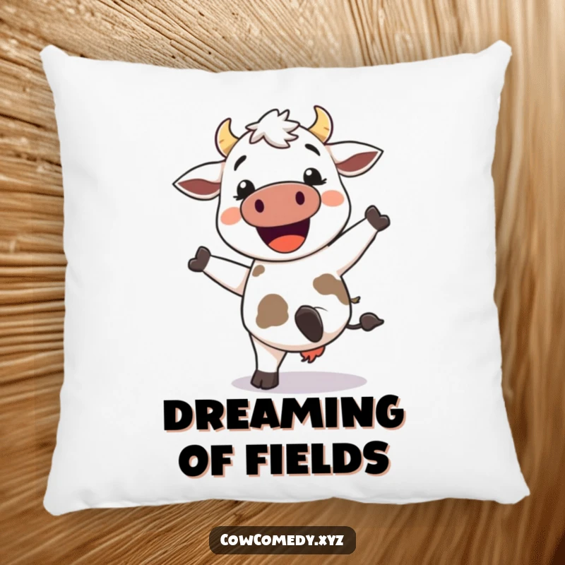 Funny Kawaii Cow Pillow: Cute cow kicking its heels up with a wide smile, soft decor for a humorous touch.