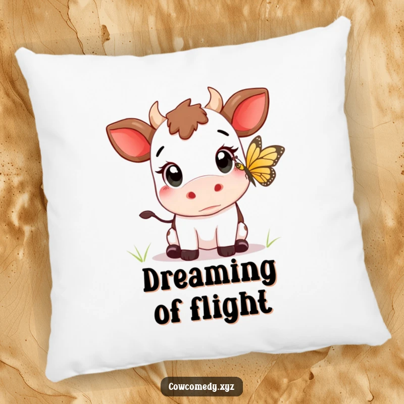 Funny Kawaii cow with wide eyes, trying to catch a butterfly, on a soft decorative pillow.