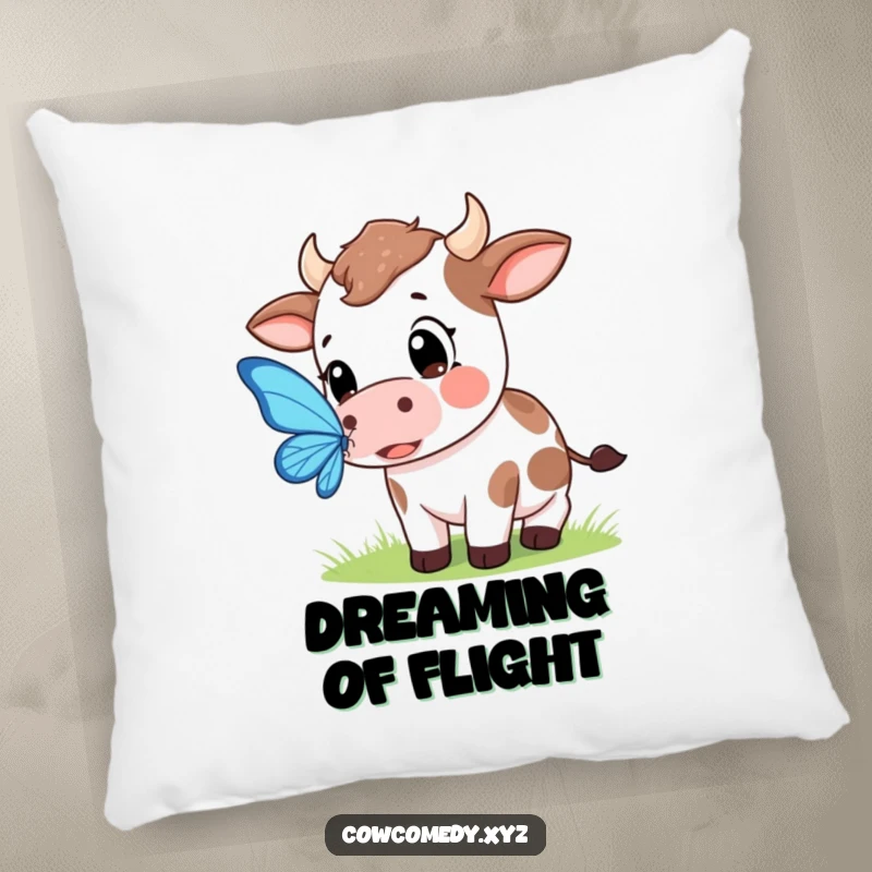 Funny pillow designed with a Kawaii cow having wide, hopeful eyes as it gently tries to catch a beautiful butterfly.