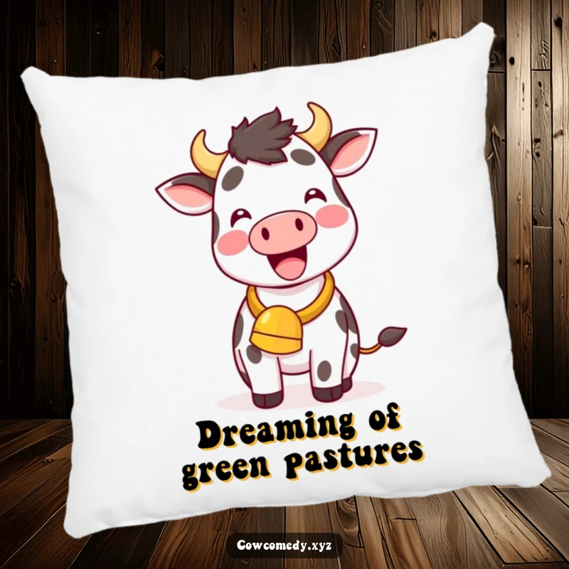 Funny Kawaii Cow Pillow, a cute cow with a cowbell ringing happily, soft and humorous decor.