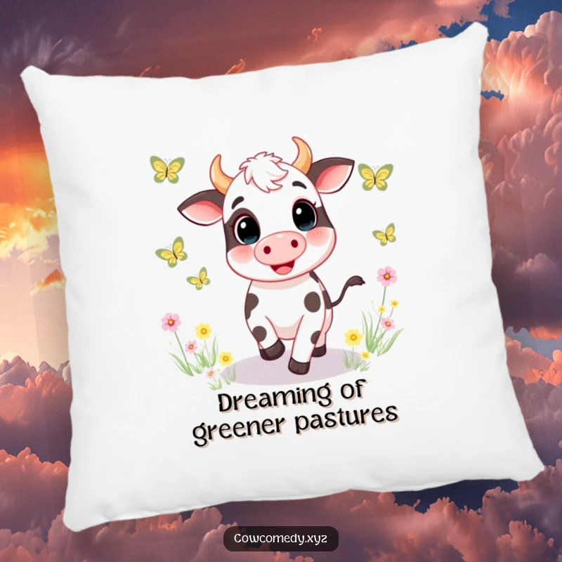 Funny pillow showcasing a charming cow character joyfully chasing colorful butterflies in a lush meadow, offering a soft spot of whimsical comfort.