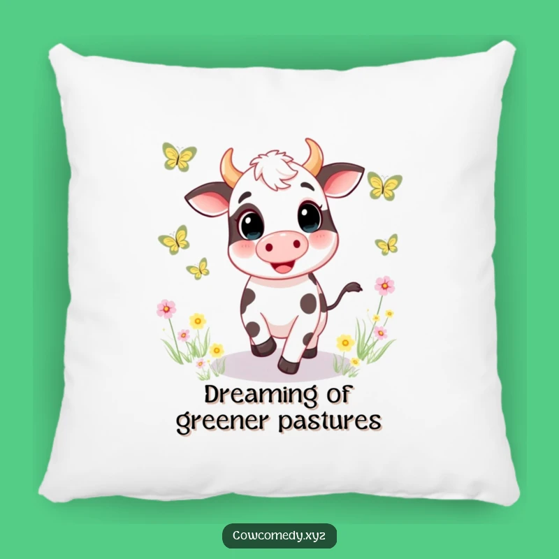 Funny Cow Chasing Butterflies Pillow. Cozy Meadow Comfort. Adorable Funny Gift Accent!