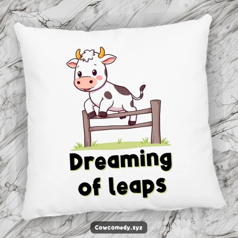 Funny Kawaii cow pillow showing a cute character joyfully jumping over a little fence, perfect for a humorous and cozy space.