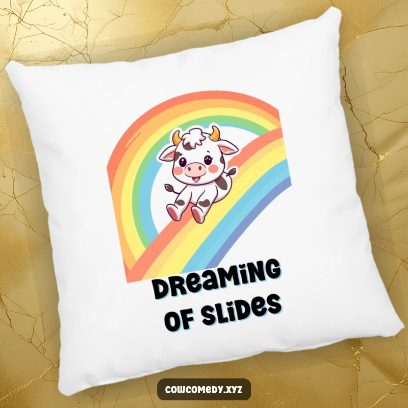 Funny cow pillow, a happy cow character sliding down a rainbow with a smile, offering comfort and humorous joy.