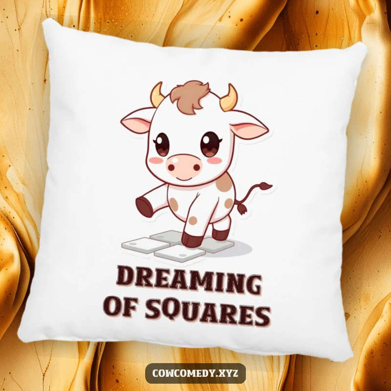 Funny Kawaii cow pillow showing a cute character with big happy eyes playing hopscotch, perfect for a humorous and cozy space.