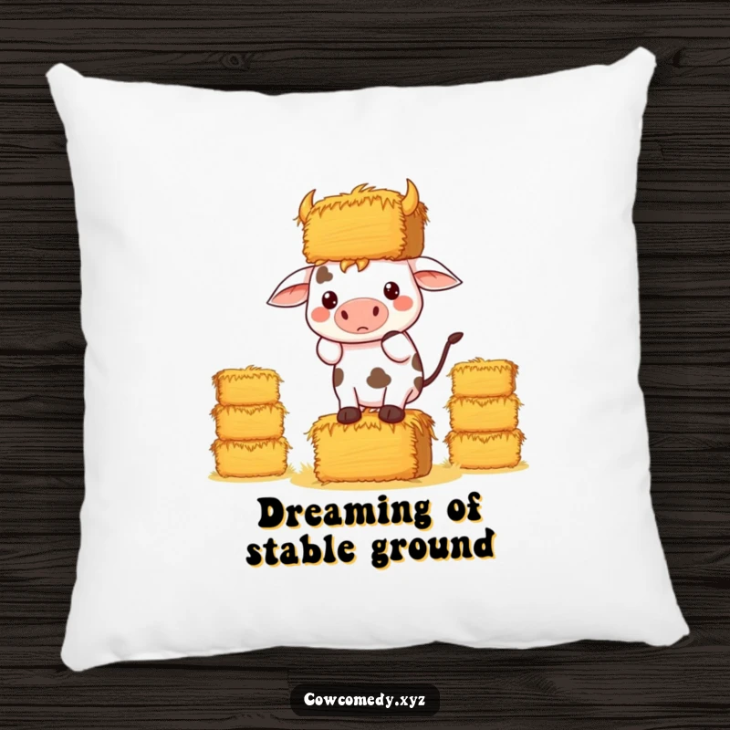 Funny Kawaii Cow Pillow, a determined cow balancing hay bales, soft and humorous decor.