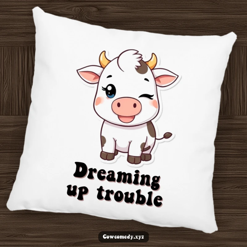 Funny Kawaii Cow Pillow: Soft cushion featuring a cute winking cow with a mischievous grin, offering comfort and humor for sofas or beds.