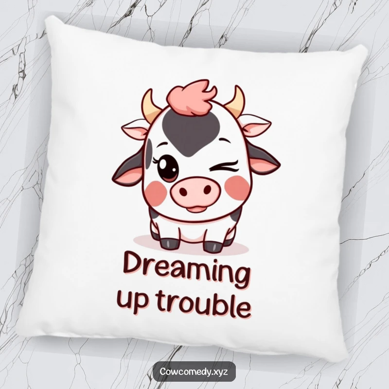 Funny Kawaii Cow Pillow with a cute cartoon cow winking with a mischievous grin, offering soft, playful comfort.