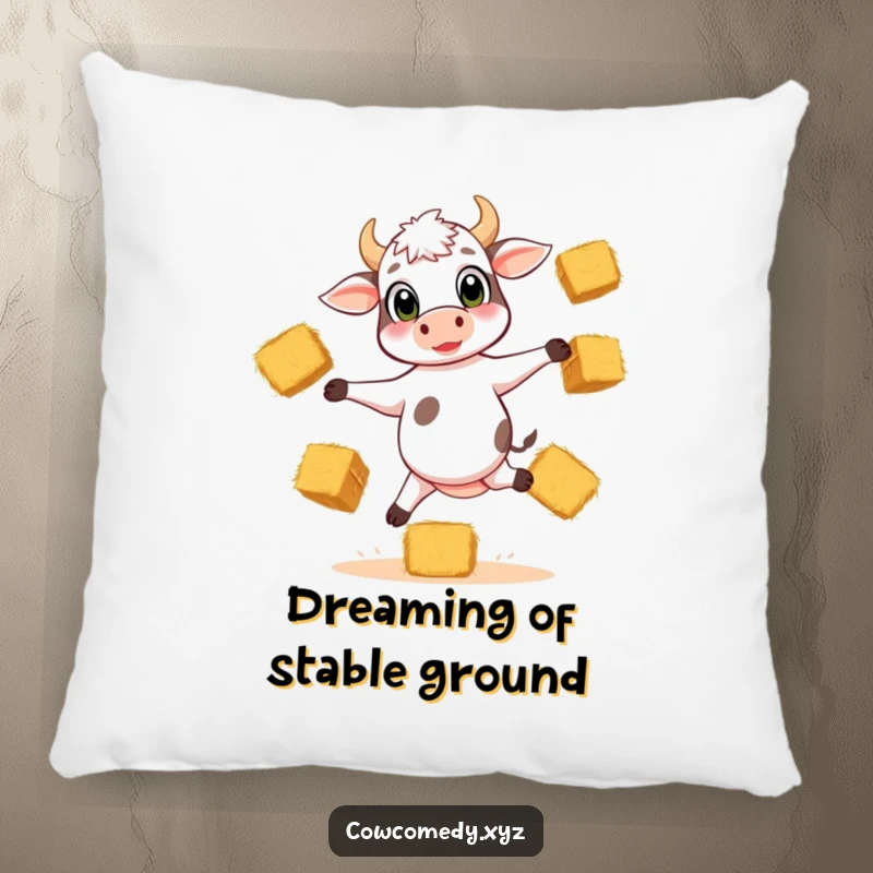 Funny pillow featuring a playful calf balancing on three legs, juggling hay bales, perfect for cozy farm-themed decor.