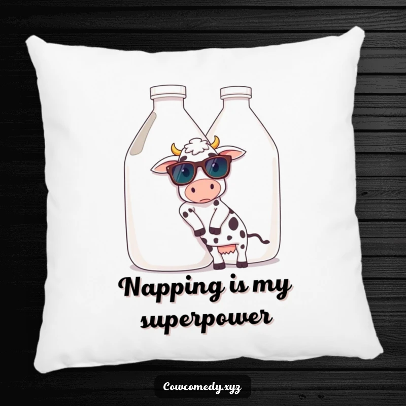 Funny pillow showcasing a cow wearing cool sunglasses, casually leaning against a massive milk jug, offering soft comfort with a hip, relaxed aesthetic.