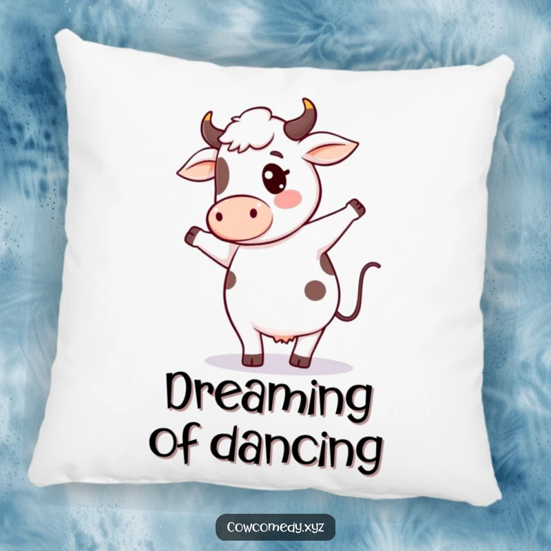 Funny cow dance pillow with a cute kawaii cow character doing an amusing silly dance, perfect for adding cozy humor to any seating.