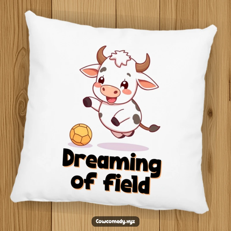 Funny pillow with a happy cow character joyfully kicking a ball, offering soft comfort and playful vibes.