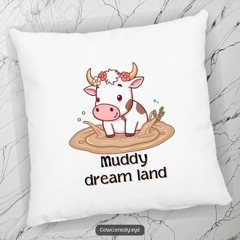 Funny decorative pillow featuring a cow splashing in a mud puddle with flowers on its horns, bringing soft comfort and farmhouse charm.
