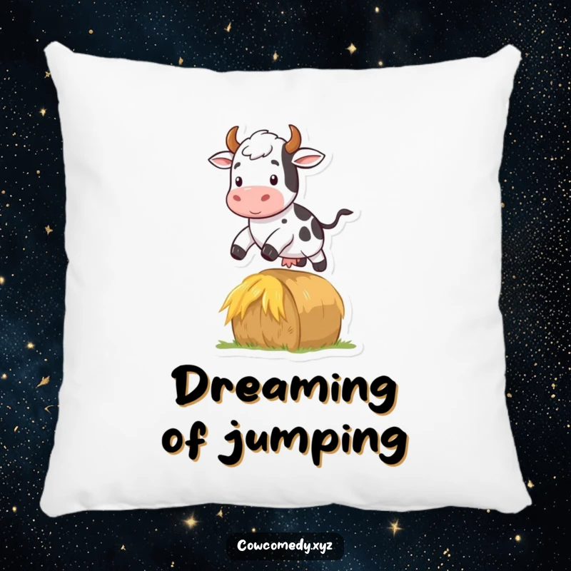 Funny decorative pillow featuring a cow jumping over a hay bale, embodying farm fun and energetic movement.