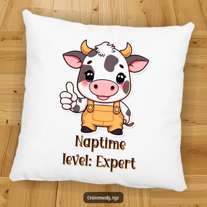 Funny decorative pillow featuring a cow in overalls giving a thumbs up, adding a touch of farm-style comfort.
