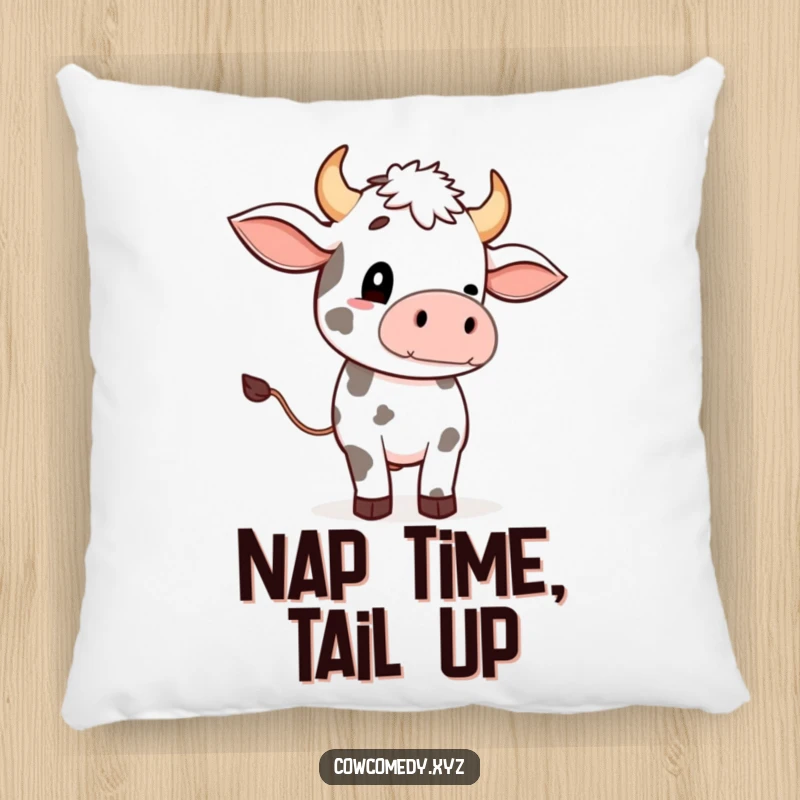 Funny pillow with a cute cow character mid-tail-wave, offering plush comfort and a humorous touch.