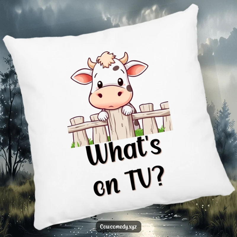 Funny decorative pillow with a cow curiously peeking over a fence post, adding a touch of playful charm to any room.