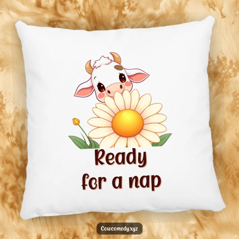Funny pillow with a curious cow peeking over a large, smiling daisy, offering a cozy and humorous decorative touch.