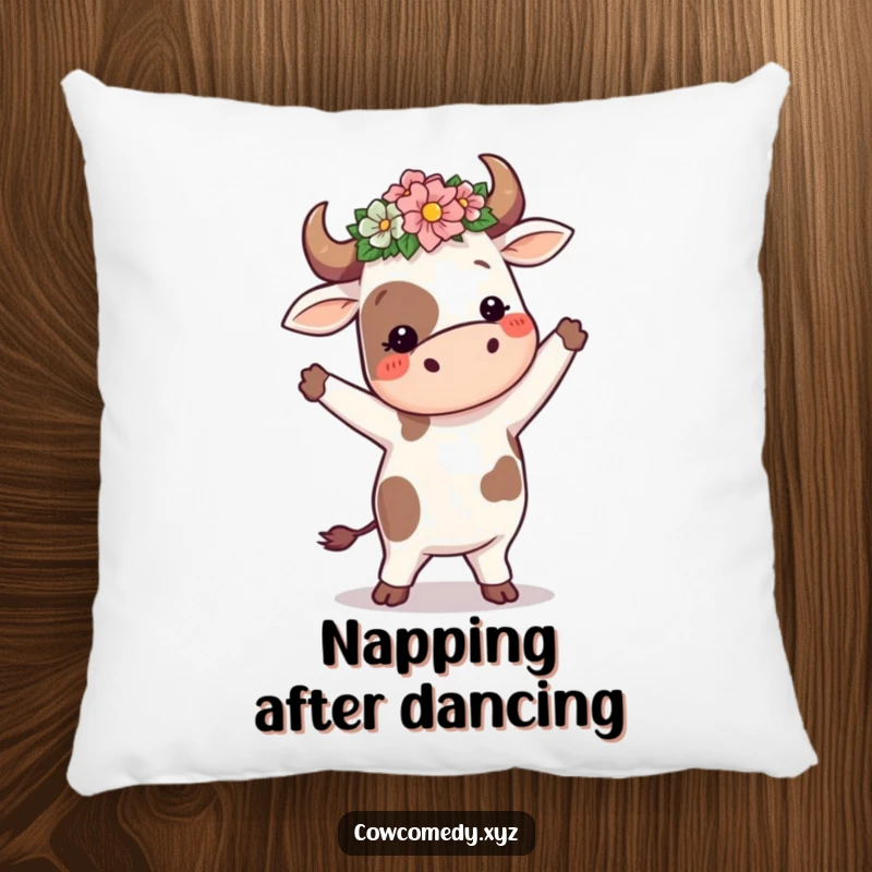 Funny cow in a flower crown, dancing sillily, featured on a soft pillow, for cozy and humorous decorative accents.