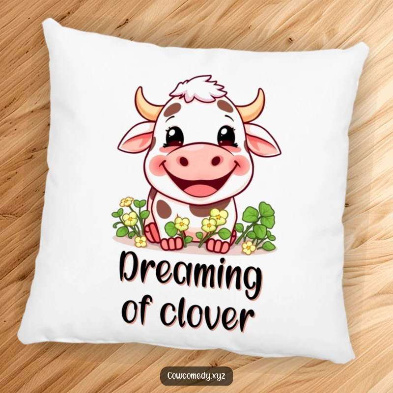 Funny pillow with a design of a cow with a wide, happy grin eating a pile of clover, ideal for cheerful decor.