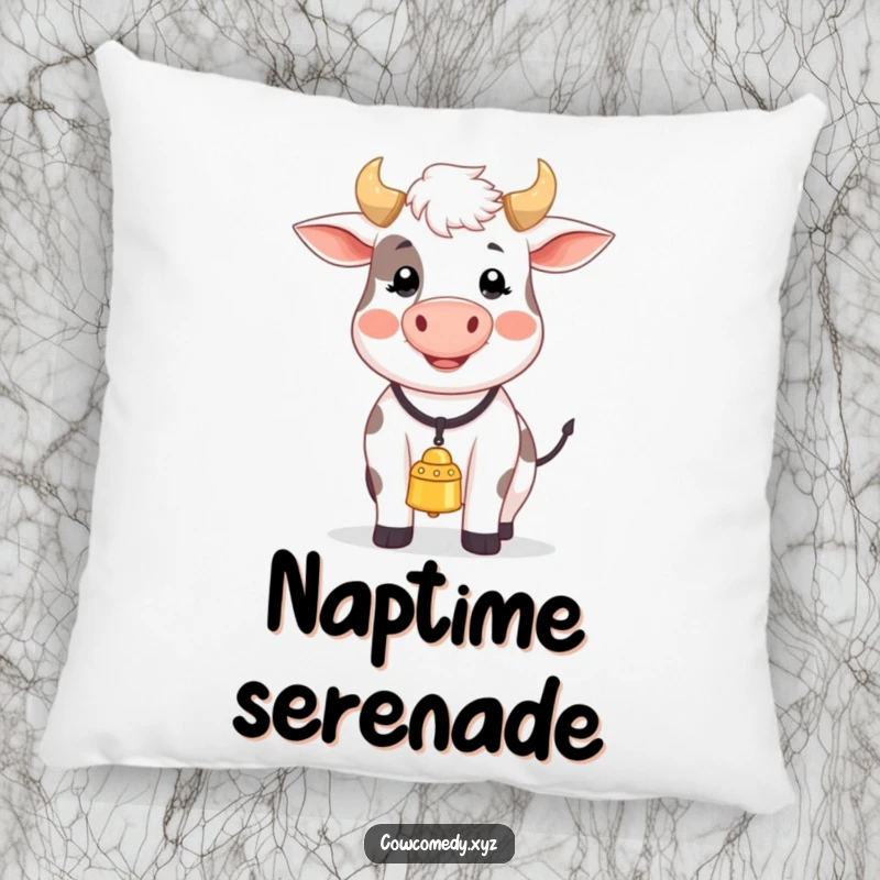 Funny decorative pillow adorned with a happy cow wearing a bell, joyfully mooing a song, perfect for adding comfort and humor.