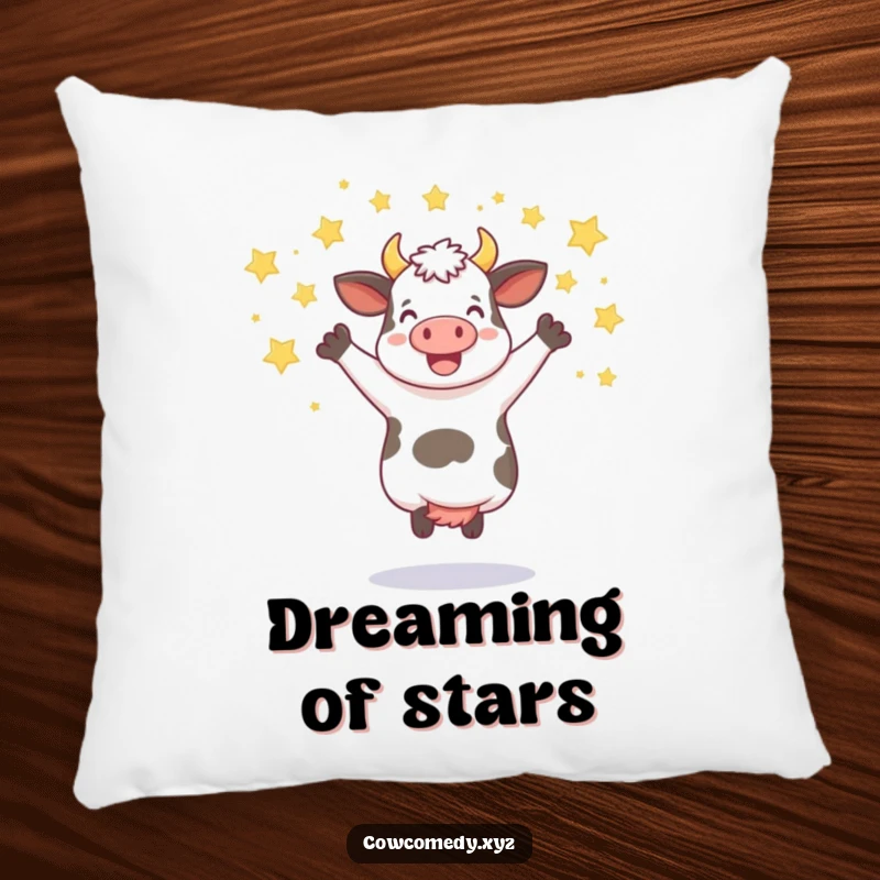 Funny pillow with a cow jumping through a shower of stars, offering comfort and celestial whimsy.