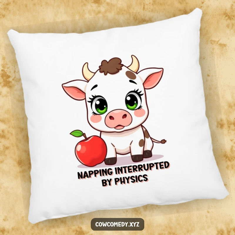 Funny Kawaii Cow Pillow, a surprised cow looking at a falling apple, soft and humorous decor.