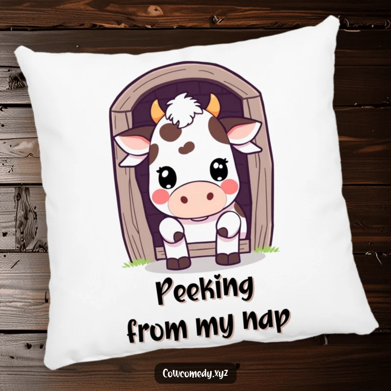 Funny Pillow: A Kawaii cow peeks playfully from behind a barn door, bringing cute curiosity and cozy charm to your home.