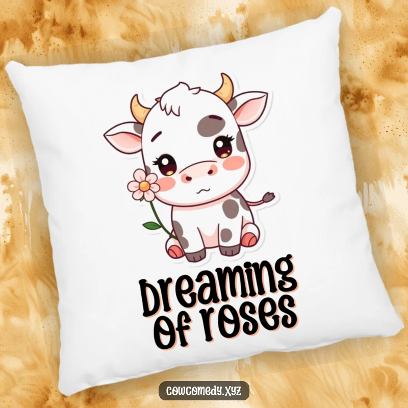 Funny Kawaii cow blushing with a flower pillow, offering plush comfort and sweet shy humor.