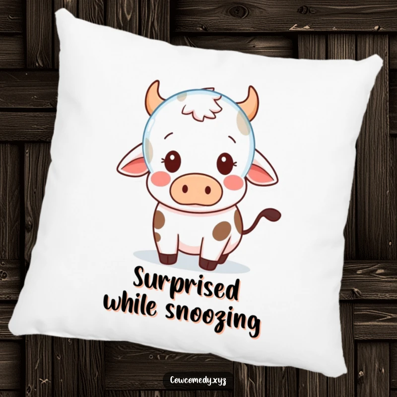 Funny Pillow: A Kawaii cow looks surprised by a floating bubble, bringing cute astonishment and cozy charm to your home.