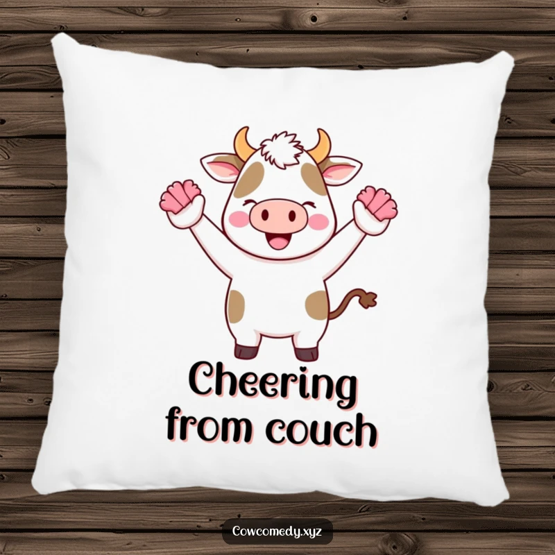 Funny Kawaii Cow Pillow with a cute cartoon cow cheering with tiny pom-poms, offering soft, energetic comfort.