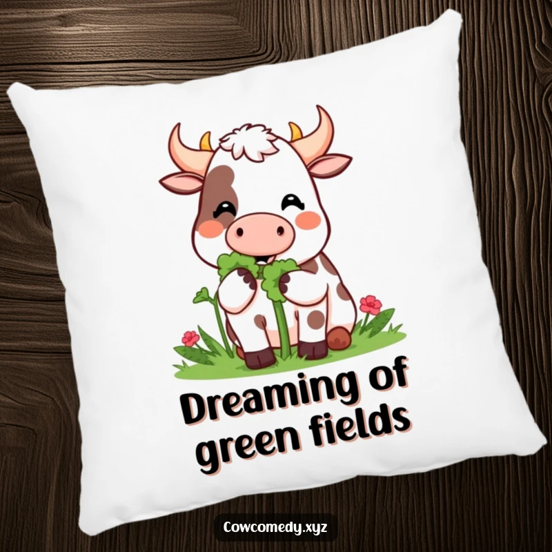 Funny Pillow: A Kawaii cow happily munches on a giant clover, bringing cozy luck and cheerful vibes to your home.